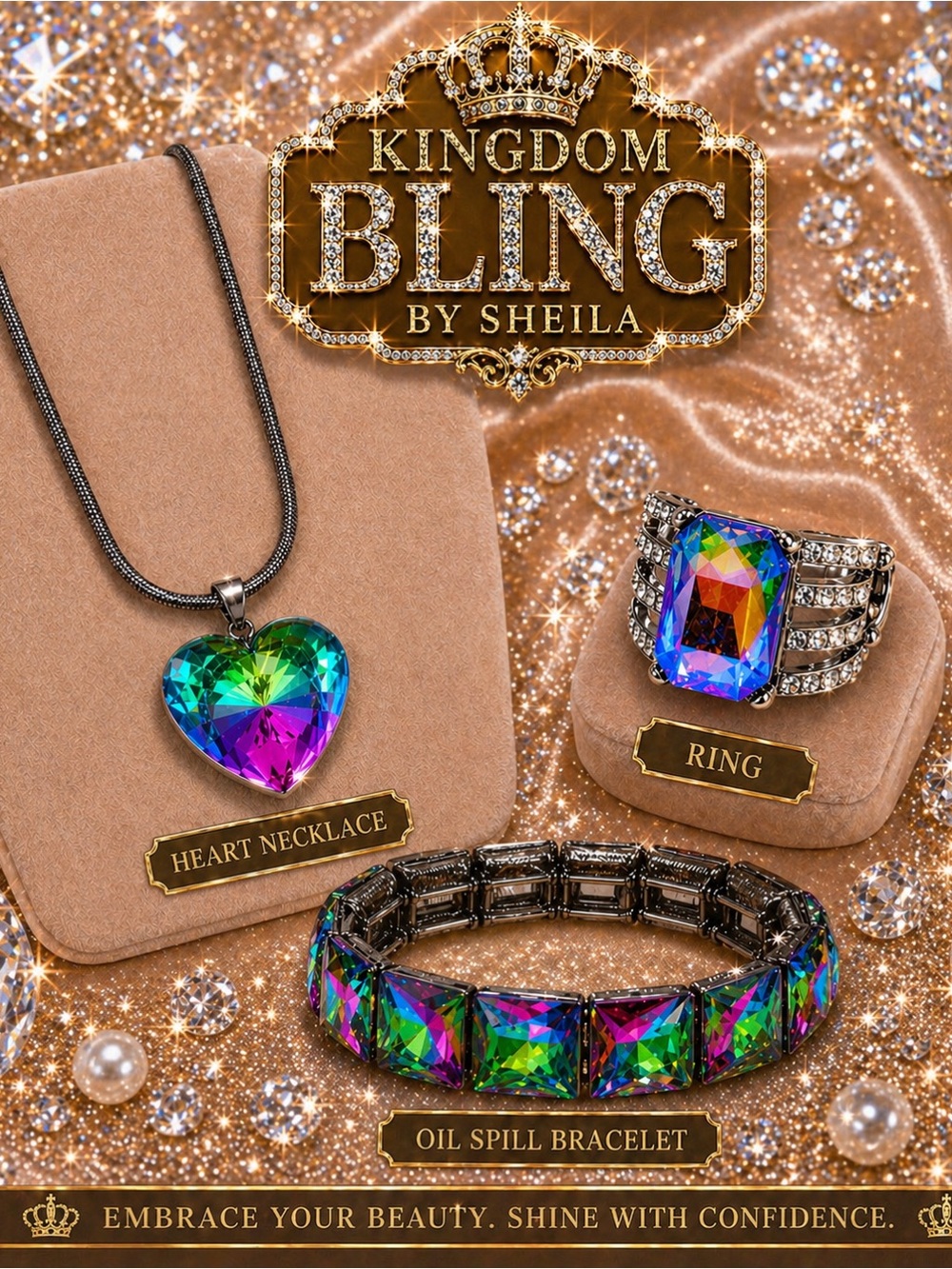 Multicolor Oil Spill Heart Necklace Set